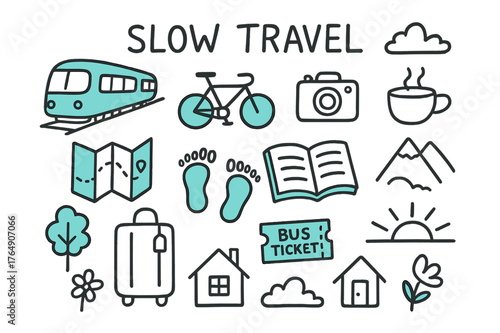 Slow Travel Icons. // Slow travel. Hand-drawn doodle illustration Slow travel [train (accented), bicycle (accented), map, mountain, camera, book (accented),