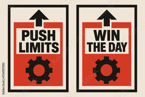 Brutalist Achievement Banners. Push limits. Two vertical A6 banners with safe margins, centered composition, no elements touching edges, brutalist, black and