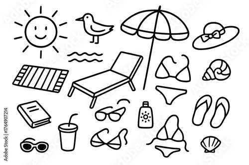 Sunbathing Essentials Doodle. Sunbathing. Hand-drawn doodle illustration sunbathing lounge chair, towel, umbrella, sunglasses, sunscreen, bikini, sandals,