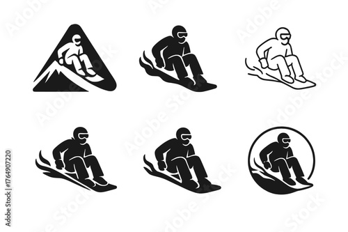 Volcano Boarding Logos. Volcano boarding. Set Logo of Volcano boarding: rider carving ash slope. harmonious logo variations of the same emblematic concept,