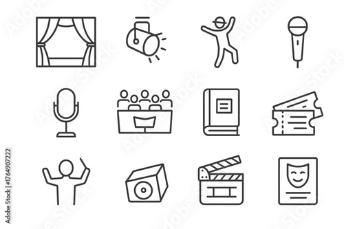 Musical Theater Icons. Musical Theater. Line icon set of Musical Theater: stage curtain, spotlight, dancing actor, microphone, orchestra pit, script book, mask