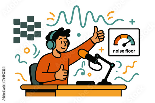 Dynamic Radio Studio Scene. Radio Studio Desk ? Soundproofing. Minimal foam tiles rise behind the desk; soft sound waves bend and fade. A meter icon dips under