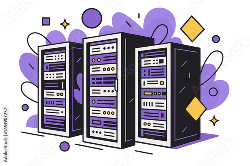 Futuristic Server Racks. Server Rack. Multiple server racks in a data center with floating abstract geometric shapes and glowing accents, modern and organized