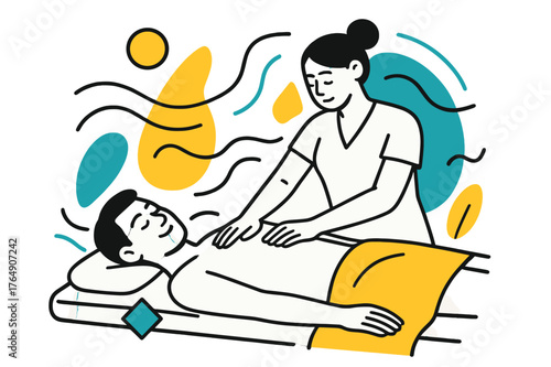 Lymphatic Massage Art. Lymphatic Drainage. Person receiving gentle lymphatic massage with floating abstract geometric shapes and soft flow lines, calm and