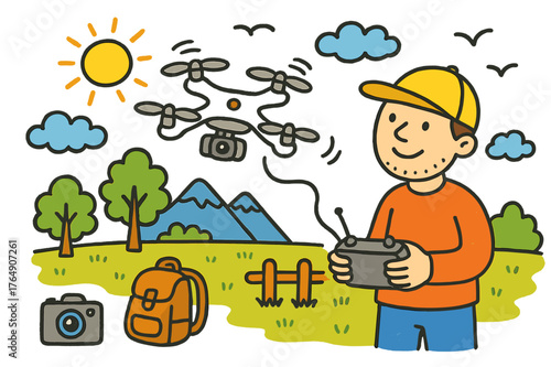 Drone Flying Adventure. drone flying session. Colorful Hand-drawn doodle Children illustration drone flying session man, drone, controller, remote, sky,