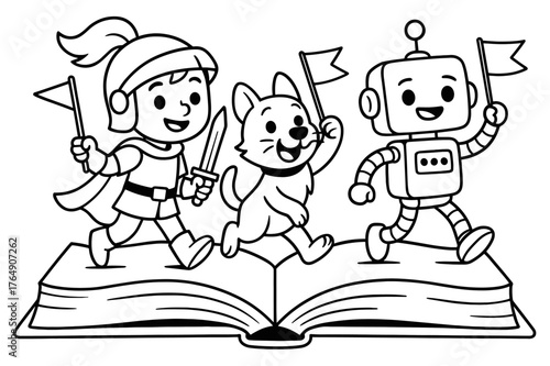Storybook Parade. Book characters parade children?s coloring book illustration, outlined drawing, three simple story characters?a hero, an animal friend, and a