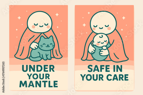 Tender Kawaii Banners. Tender Protector. Two vertical A6 banners with safe margins, centered composition, no elements touching edges, kawaii, coral and teal,