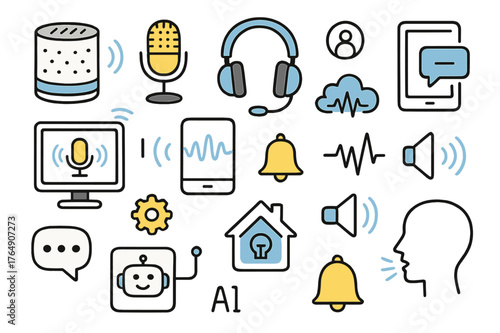 Smart Tech Doodles. Hands-free technology. Hand-drawn doodle illustration smart speaker (colored), microphone (colored), headphones (colored), smartphone