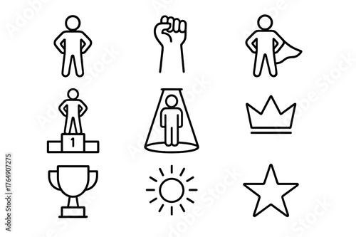 Victory Stance Icons. Victory stance. Line icon set of victory stance: person standing tall, arms on hips, raised fist, confident stance, superhero silhouette,