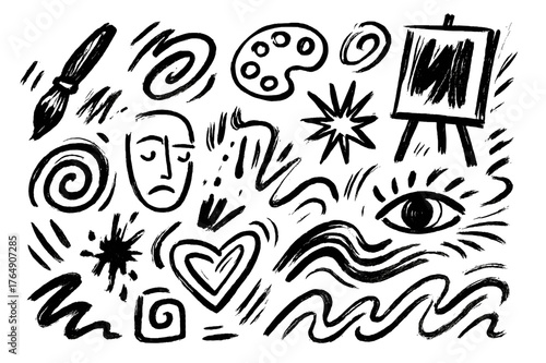 Expressionism Doodle Art. Wild brush strokes (expressionism). Hand-drawn doodle illustration wild brush strokes (expressionism) paintbrush, palette, canvas,