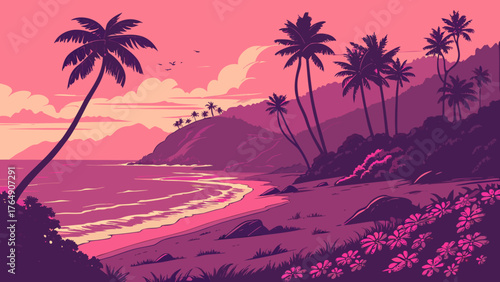 Tropical Sunset Beach with Palm Tree Silhouettes