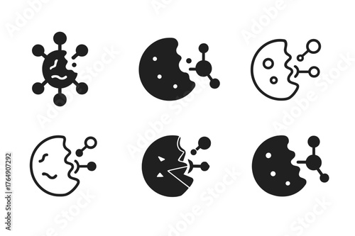 Enzyme Logo Variations. Food digestion in the body. Set Logo of enzymes: molecular structure breaking food particle. Icon set. harmonious logo variations of
