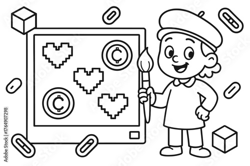 Crypto Coloring Kids. Blockchain art and cryptocurrency concepts children?s coloring book illustration, outlined drawing, a smiling artist character holding a