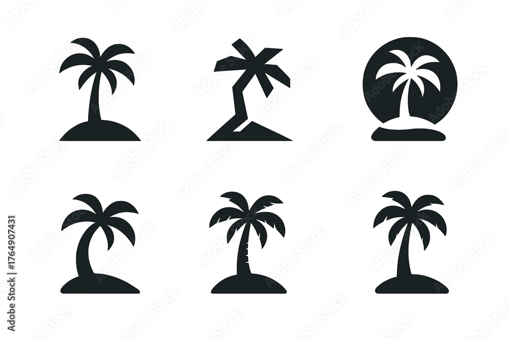 Obraz premium Palm Tree Logo Grid. Island. Set Logo of Palm Tree Icon: Filled silhouette, Abstract geometric, Negative space, Flat solid, Stylized detail, Iconic shape.