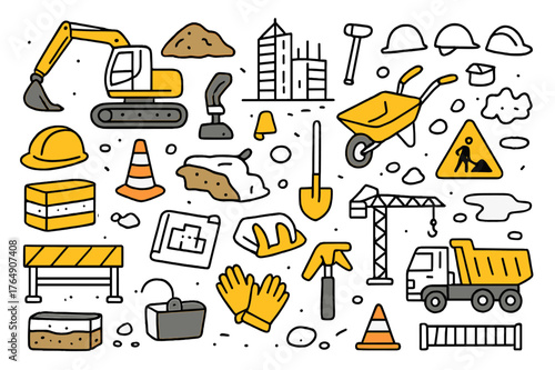 Colorful Construction Doodles. Construction equipment. Hand-drawn doodle illustration excavator (colored), dirt pile (colored), construction site (colored),