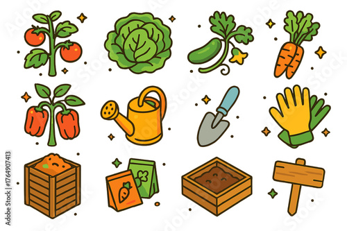 Vegetable Garden Icons. Vegetable garden essentials. Colorful isometric vector icons set of Vegetable garden essentials: tomato plant, lettuce head, cucumber