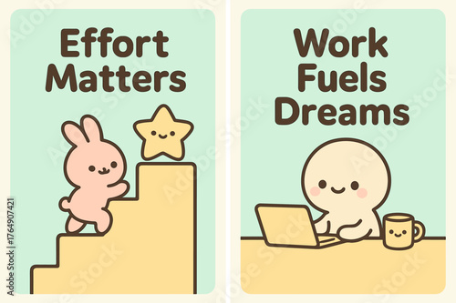 Effort & Dreams Banners. Effort matters. Two vertical A6 banners with safe margins, centered composition, no elements touching edges, kawaii, pastel mint and