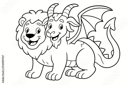 Friendly Mythical Creature. Chimera children?s coloring book illustration, outlined drawing, a friendly mythical creature combining a lion, goat, and dragon