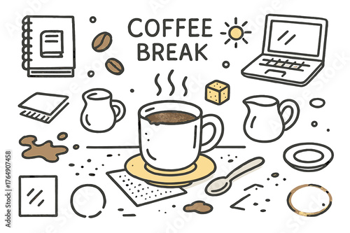 Morning Coffee Doodle. Coffee break. Hand-drawn doodle illustration coffee mug (colored), chipped edge (colored), steam (colored), saucer (colored), spoon