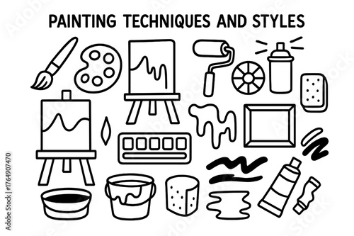 Art Tools Doodle. Painting techniques and styles. Hand-drawn doodle illustration painting techniques and styles paintbrush, palette, easel, canvas, watercolor