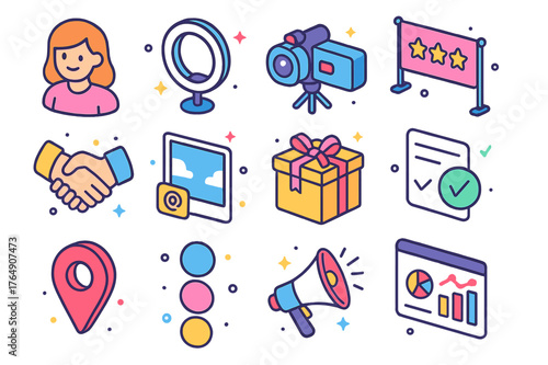 Influencer Icons Set. Influencer meetup. Colorful isometric vector icons set of Influencer meetup: creator avatar, ring light, vlog camera, branded backdrop,