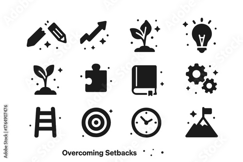 Icons of Resilience. Overcoming Setbacks. Solid icons set of Overcoming Setbacks: broken pencil, upward arrow, plant sprout, light bulb, seedling, puzzle