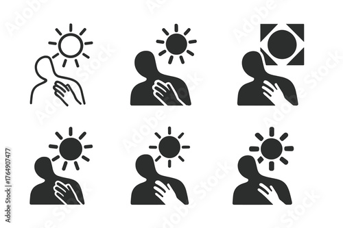 Sunscreen Logo Grid. How the Sun Affects Our Skin. Set Logo of Sunscreen Application: Minimal outline, Filled silhouette, Abstract geometric, Negative space,