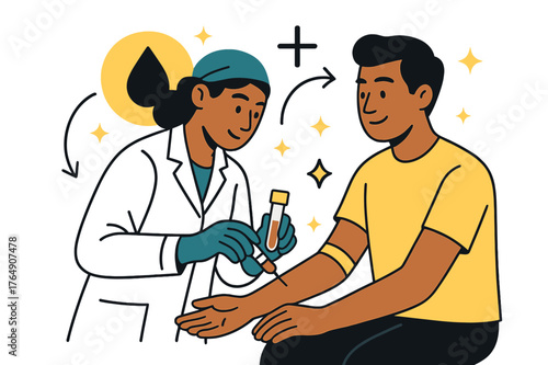Dynamic Blood Collection. Blood test. Phlebotomist collecting blood sample from patient with abstract floating icons, arrows, and sparkles;