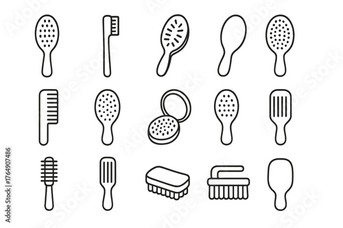 Personal Care Brushes Icons. Personal care brushes. Line icon set of personal care brushes: hairbrush, toothbrush, nail brush, body brush, comb, detangling