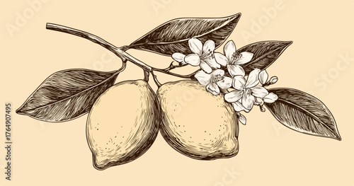 싱그러운 레몬과 꽃이 만발한 가지의 섬세한 펜화 일러스트는 신선함과 자연의 아름다움을 담아낸 예술 작품입니다.