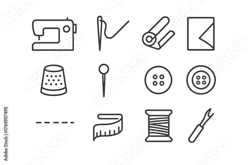 Garment Making Icons. Garment making. Line icon set of garment making: sewing machine, needle, thread, scissors, fabric fold, thimble, measuring tape, pin,