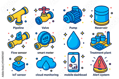 Efficient Water Control Icons. Efficient water control. Colorful isometric vector icons set of efficient water control: pipeline, valve, pump, reservoir, flow
