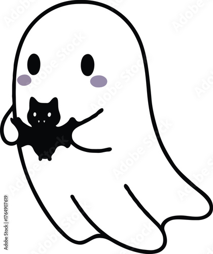 a cute ghost holding a small bat clipart