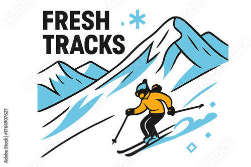 Bold Backcountry Skiing. Backcountry Descent. A lone skier drops into untouched powder, tiny against bold ridgelines. ?Fresh Tracks? floats beside drifting