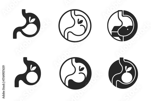 Digestive Balance Logos. Food digestion in the body. Set Logo of digestive balance: yin-yang of stomach and fruit. Icon set. harmonious logo variations of the