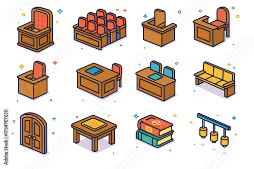 Courtroom Isometric Icons. Courtroom interior. Colorful isometric vector icons set of Courtroom interior: judge?s chair, jury box seats, witness stand,