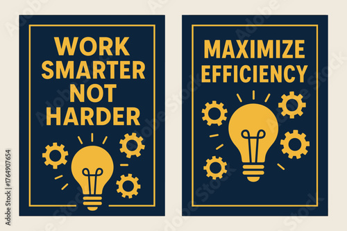 Smart Efficiency Banners. Work smarter not harder. Two vertical A6 banners with safe margins, centered composition, no elements touching edges, bold, navy and
