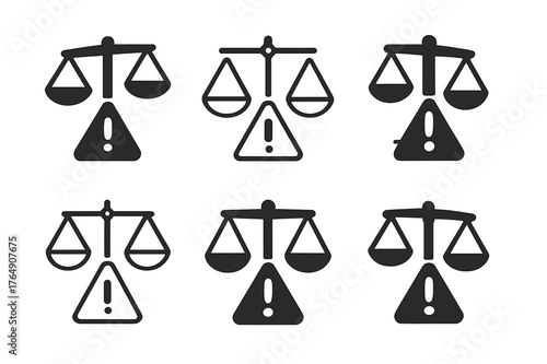 Legal Liability Logos Grid. Legal liability risk. Set Logo of Legal liability risk: scales tipping with exclamation. harmonious logo variations of the same