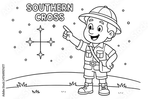 Explorer with Southern Cross. Using the Southern Cross children?s coloring book illustration, outlined drawing, a friendly explorer pointing to the Southern