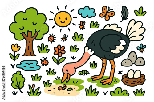 Ostrich's Nature Picnic. ostrich eating. Colorful Hand-drawn doodle Children illustration ostrich eating ostrich, grass, worms, insects, flowers, rocks, tree,