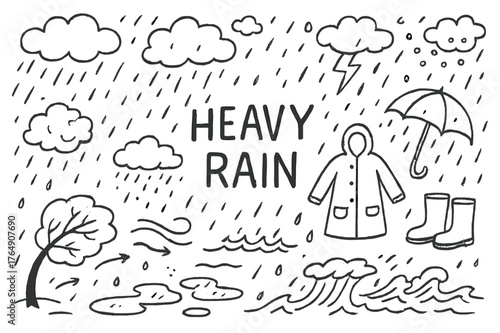 Heavy Rain Doodle. Heavy Rain. Hand-drawn doodle illustration Heavy Rain raindrops, puddles, umbrella, raincoat, boots, storm clouds, lightning, dark sky,