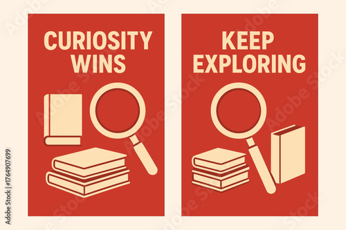 Curiosity Banners. Curiosity wins. Two vertical A6 banners with safe margins, centered composition, no elements touching edges, flat vector design, red and