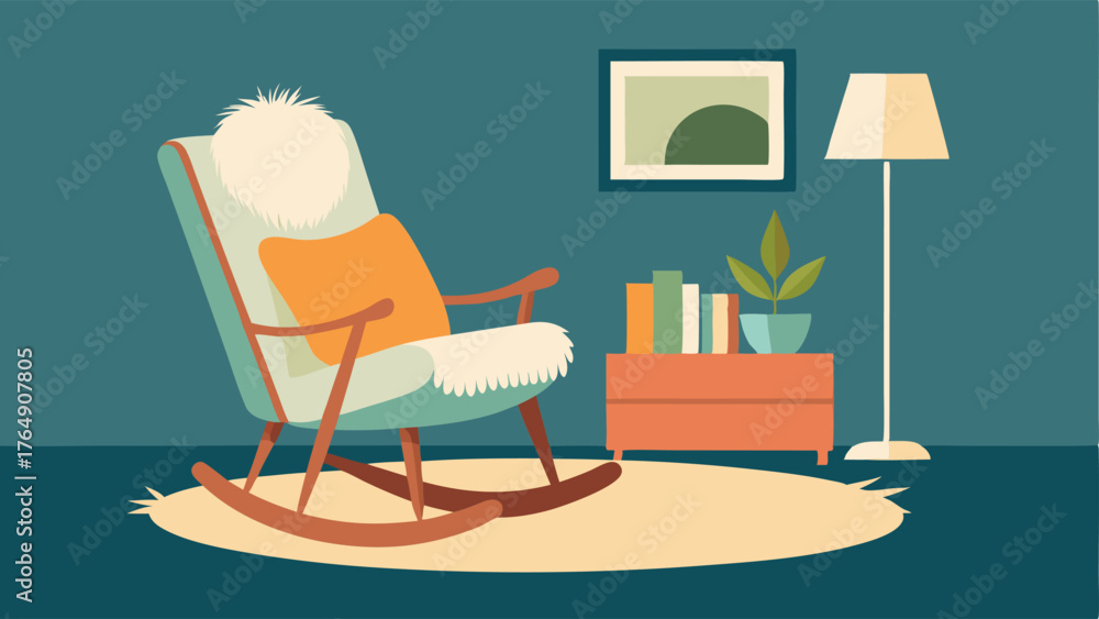 Fototapeta premium A cozy reading nook is created with a midcentury rocking chair and a plush sheepskin rug.