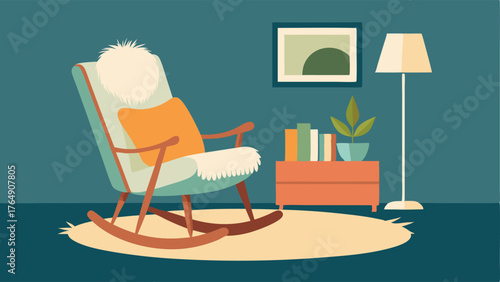 A cozy reading nook is created with a midcentury rocking chair and a plush sheepskin rug.