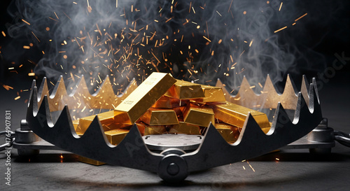 Gold bars in a steel bear trap with flying sparks and smoke  a stark symbol of risky investment, greed, financial trap, and wealth hazard on a dark background