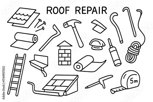 Roof Repair Tools. Roof repair. Hand-drawn doodle illustration roof repair shingles, roofing nails, hammer, pry bar, underlayment roll, flashing, gutter,