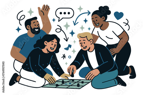 Adult Friendship Fun. Friendship dynamics in adulthood. Friends playing board games or engaging in hobby activity; abstract floating icons, arrows, and
