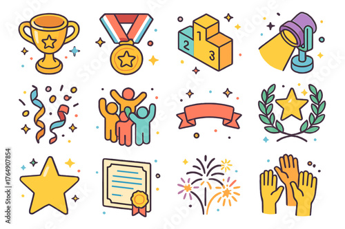Champion Icons Set. Champion moment. Colorful isometric vector icons set of champion moment: trophy, medal, podium, confetti, spotlight, cheering crowd,
