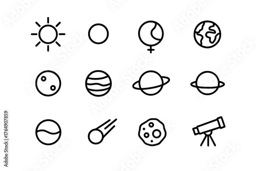 Astronomy Icons Grid. Astronomy study. Line icon set of astronomy study: sun, mercury, venus, earth, mars, jupiter, saturn, uranus, neptune, comet, asteroid,