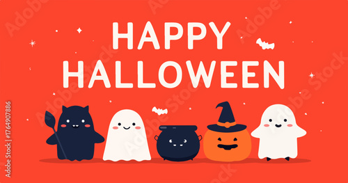 할로윈 축제에서 귀여운 유령, 검은 고양이, 호박, 마녀 모자, 가마솥과 함께 즐거운 시간을 보내는 벡터 일러스트레이션.
